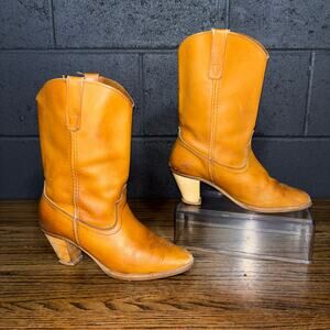 Vintage Tan Leather Western Boots Women’s 7.5 | Mid-Calf Boots Stacked Heel